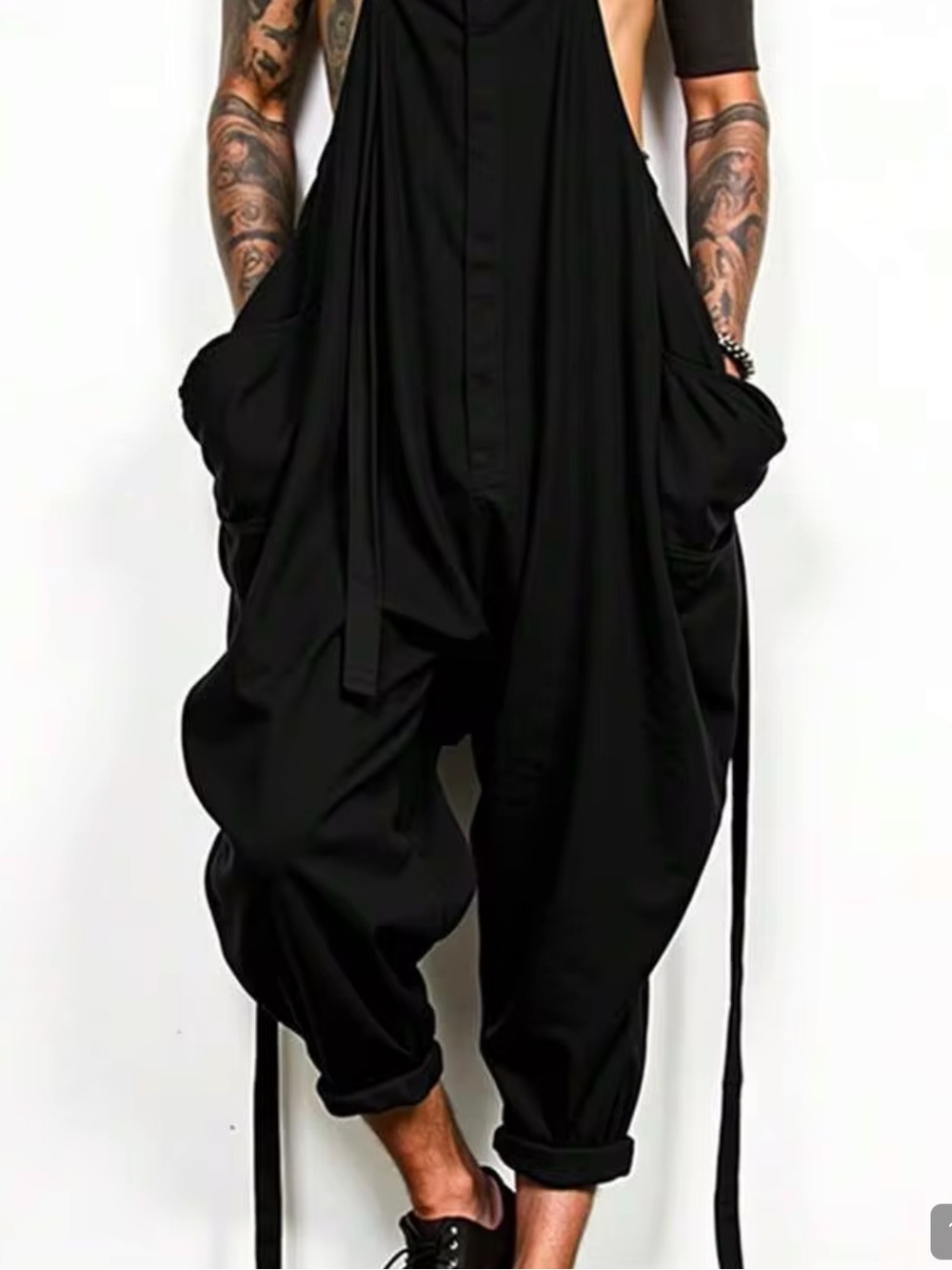 Incerun Black Bib DungareeJumpsuit with Button Detail-one size